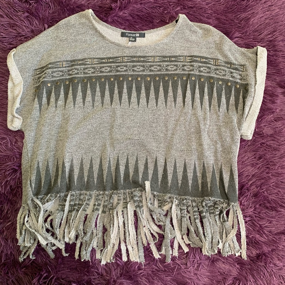 Gray and black fringe “sweater” shirt
